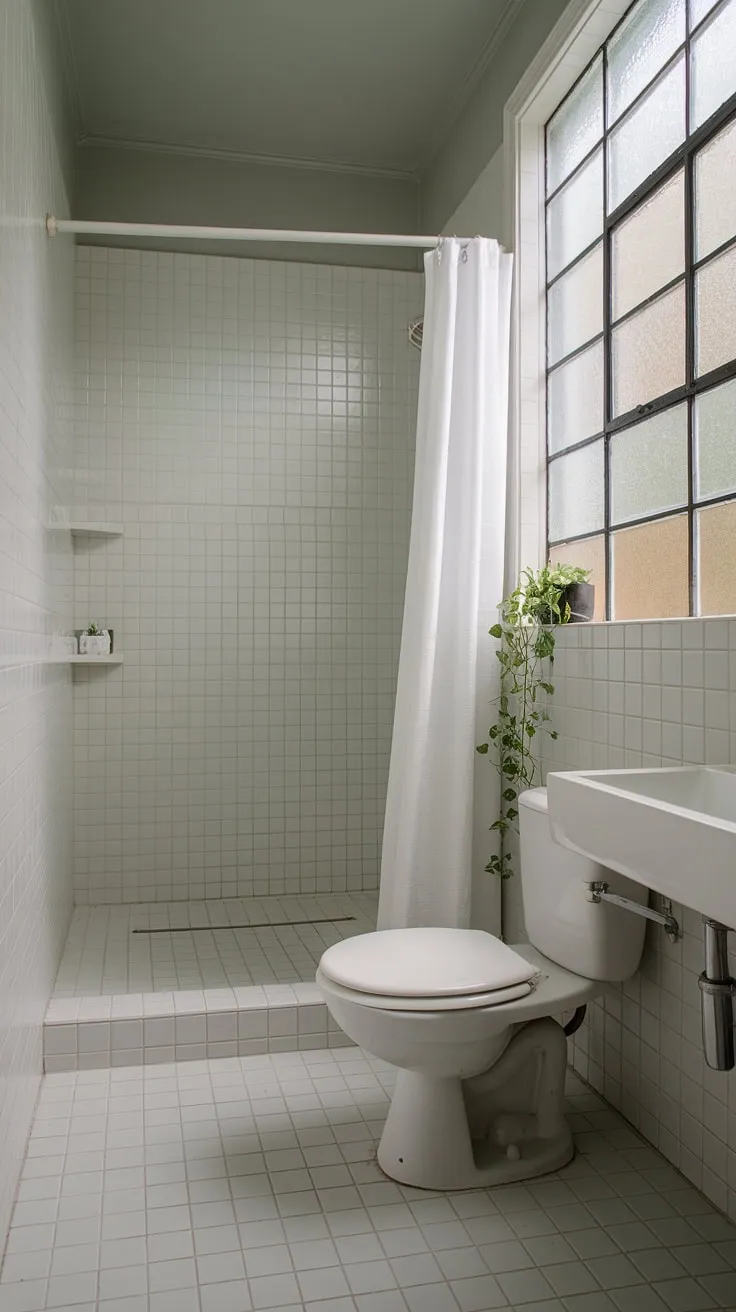 Serene simplicity defines this minimalist bathroom. The soft grey tones, natural light filtering through the frosted window, and a touch of greenery create a tranquil oasis for daily rejuvenation. A perfect blend of form and function.