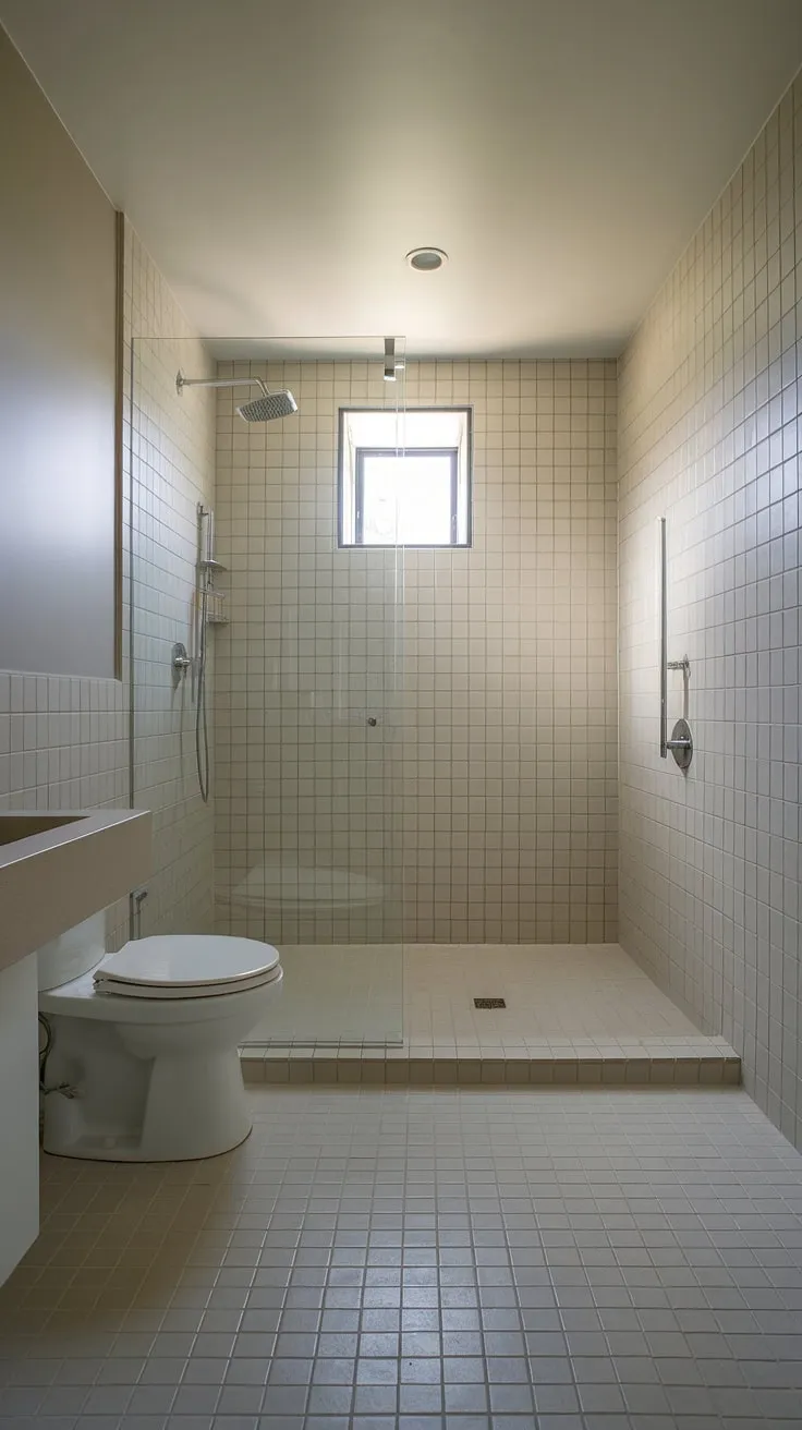 A sanctuary of calm awaits. This modern bathroom, with its beige tile walls and minimalist design, offers a tranquil escape. The natural light streaming in through the small window enhances the sense of peace and spaciousness.
