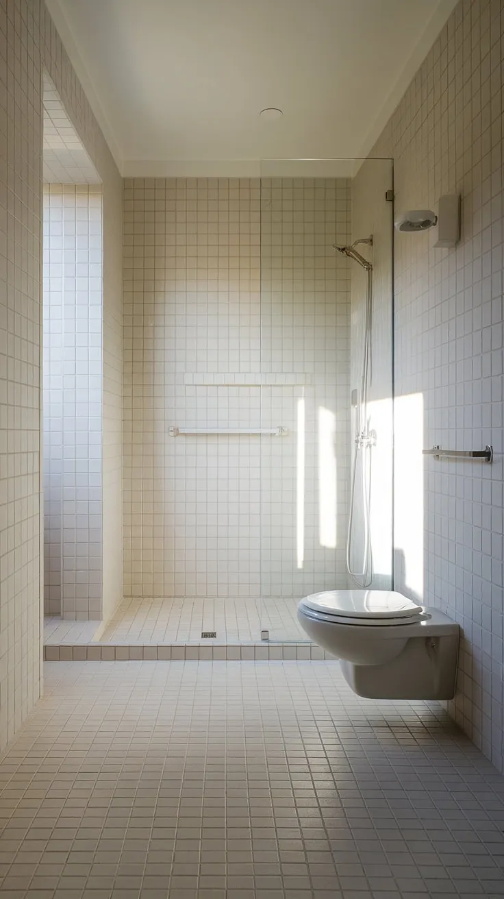This minimalist bathroom is a sanctuary of calm. The light tile flooring and walls, combined with the simple fixtures and natural light, create a spa-like atmosphere. The clear glass shower door and sleek design elements contribute to the overall feeling of airy spaciousness.