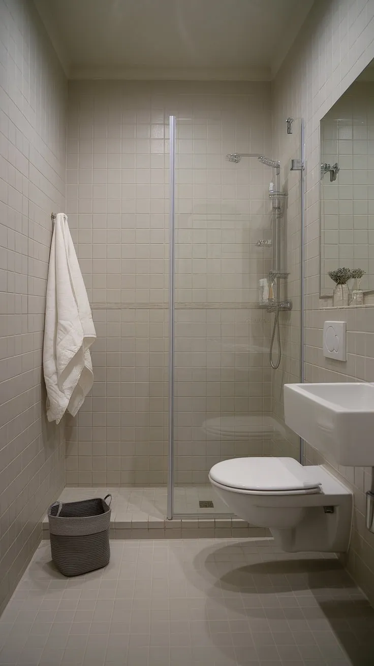 A calming oasis awaits. This small but perfectly formed bathroom boasts a bright and airy feel, thanks to the light grey tiles and minimalist design. A simple yet elegant space, ideal for unwinding after a long day.