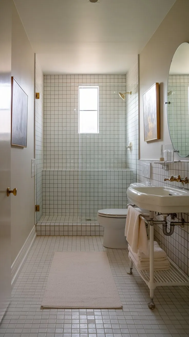 This light-filled bathroom is a study in understated elegance. The minimalist design, featuring a sleek shower and a simple white vanity with brass fixtures, is both functional and aesthetically pleasing. The carefully curated artwork adds personality without disrupting the overall sense of calm.