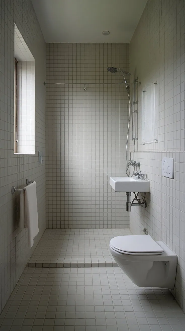 Clean lines and calming tones create a sanctuary in this modern bathroom. The neutral palette, accented by natural light streaming through the window, fosters a sense of tranquility. A perfect example of understated elegance.