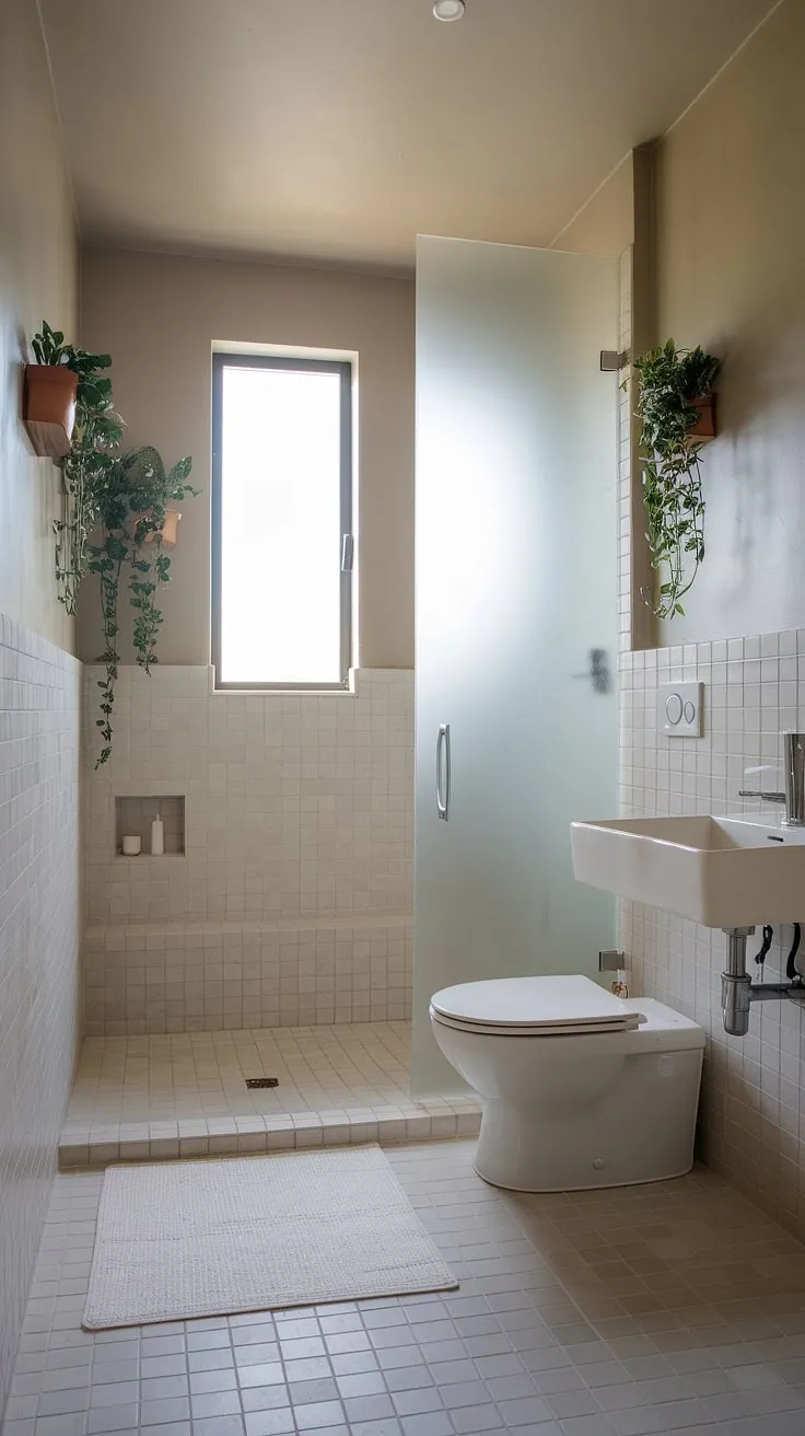 A minimalist haven designed for relaxation. The light tile and neutral tones create a bright and airy atmosphere, while the built-in shower and simple white fixtures maintain a sense of calm. A few strategically placed plants add a touch of life to this effortlessly chic bathroom, making it a truly personal sanctuary.