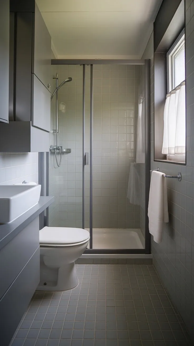 This small but perfectly formed bathroom proves that less is truly more. The neutral color scheme, featuring subtle grey tones and crisp white fixtures, creates a sense of spaciousness and tranquility. Every detail, from the sleek shower enclosure to the thoughtfully placed storage, contributes to a feeling of calm and effortless style.