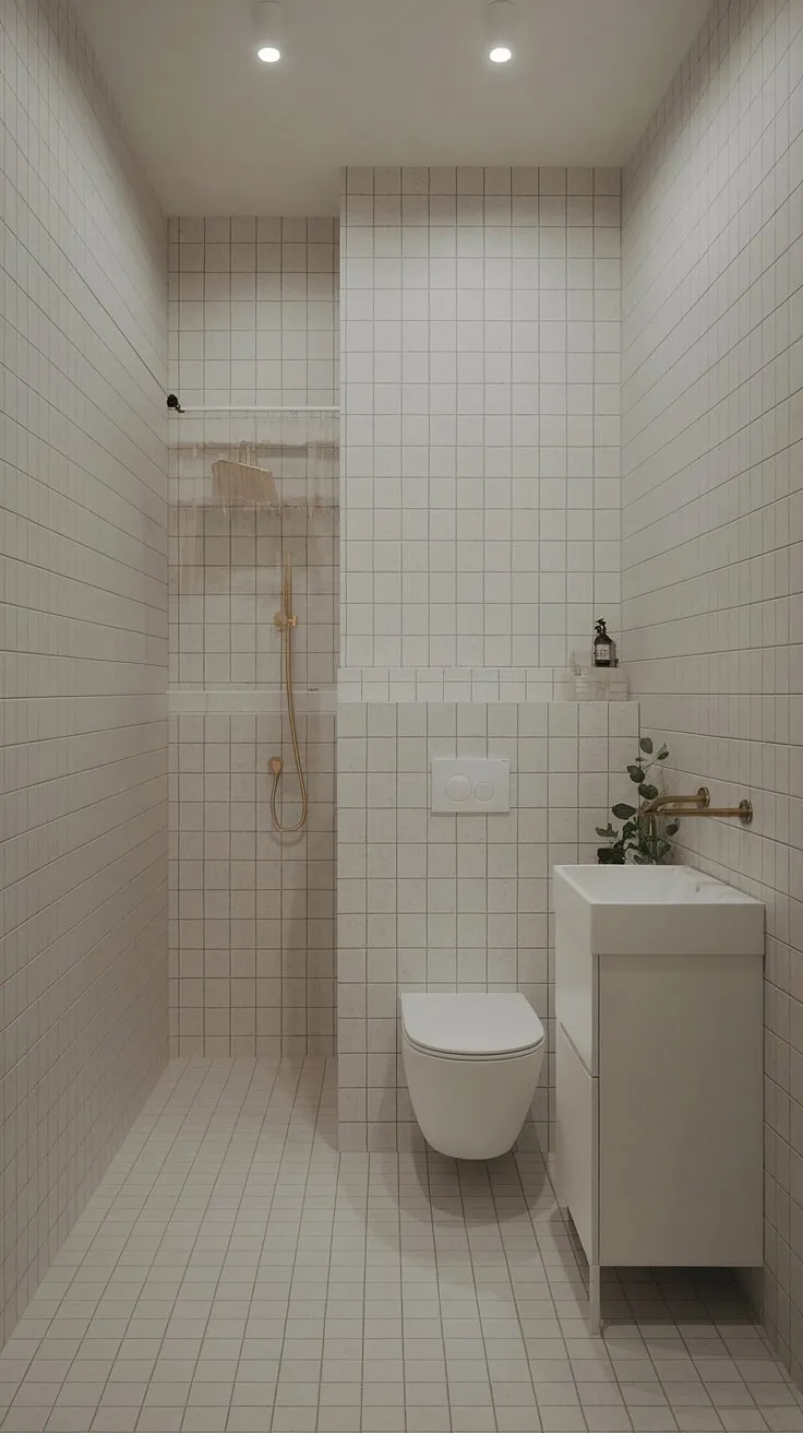Serene minimalism defines this small but perfectly formed bathroom. The light grey tiles and gold accents create a sophisticated yet calming atmosphere, proving that even a compact space can be luxurious. A perfect blend of functionality and style.