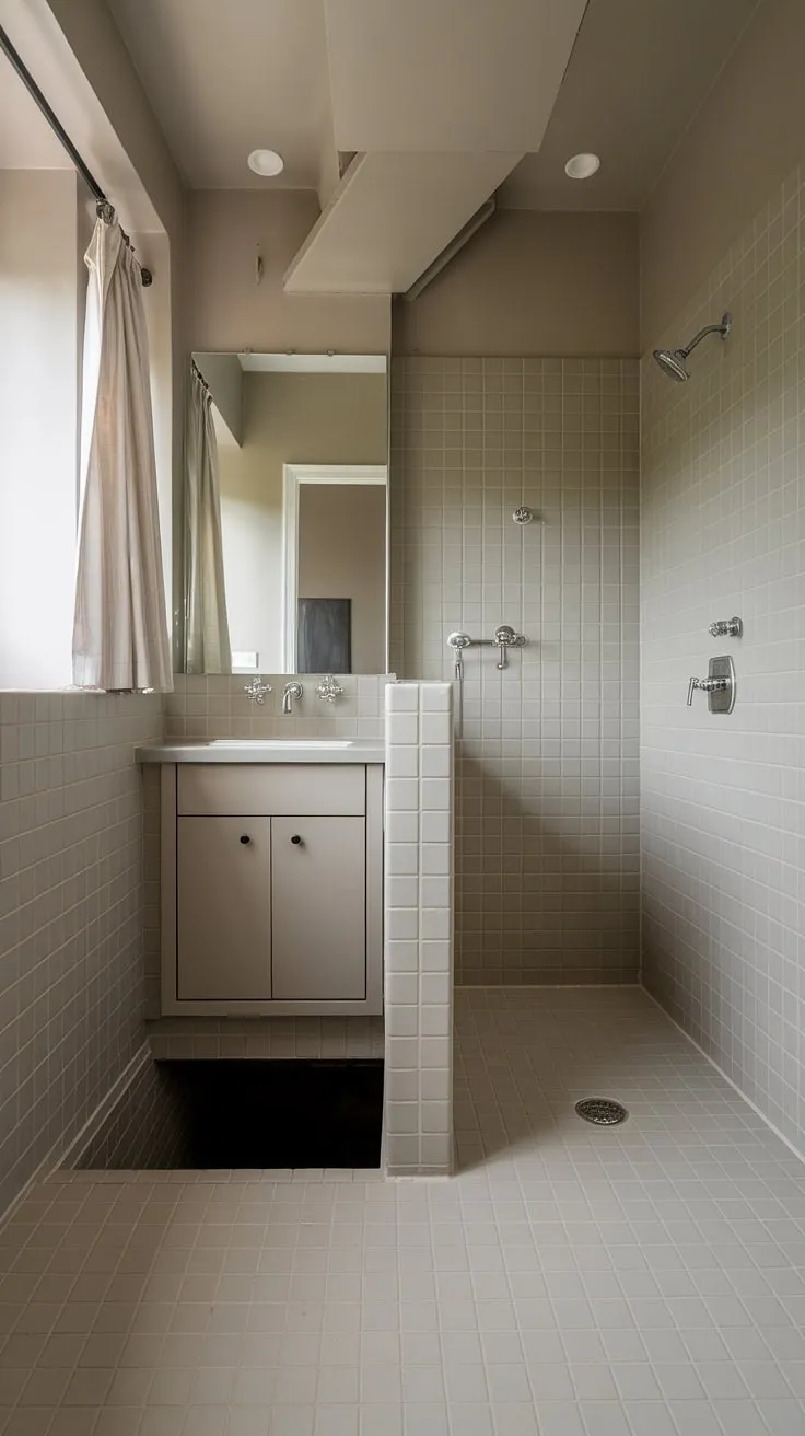 Clean lines and calming light define this minimalist bathroom, where a hidden trap door hints at the secrets held below. The subtle textures and neutral palette create a sanctuary of serenity.