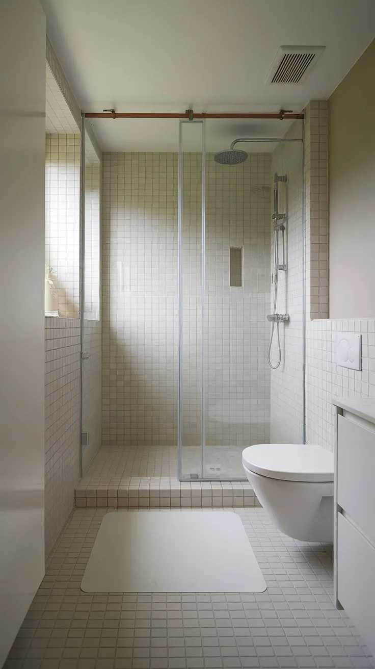 Step into serenity. This minimalist bathroom, bathed in natural light, boasts clean lines and a luxurious rainfall shower, creating a spa-like escape where you can truly unwind and rejuvenate. The neutral palette and thoughtful design elements, including the integrated storage and soft white mat, contribute to a feeling of calm and effortless elegance.