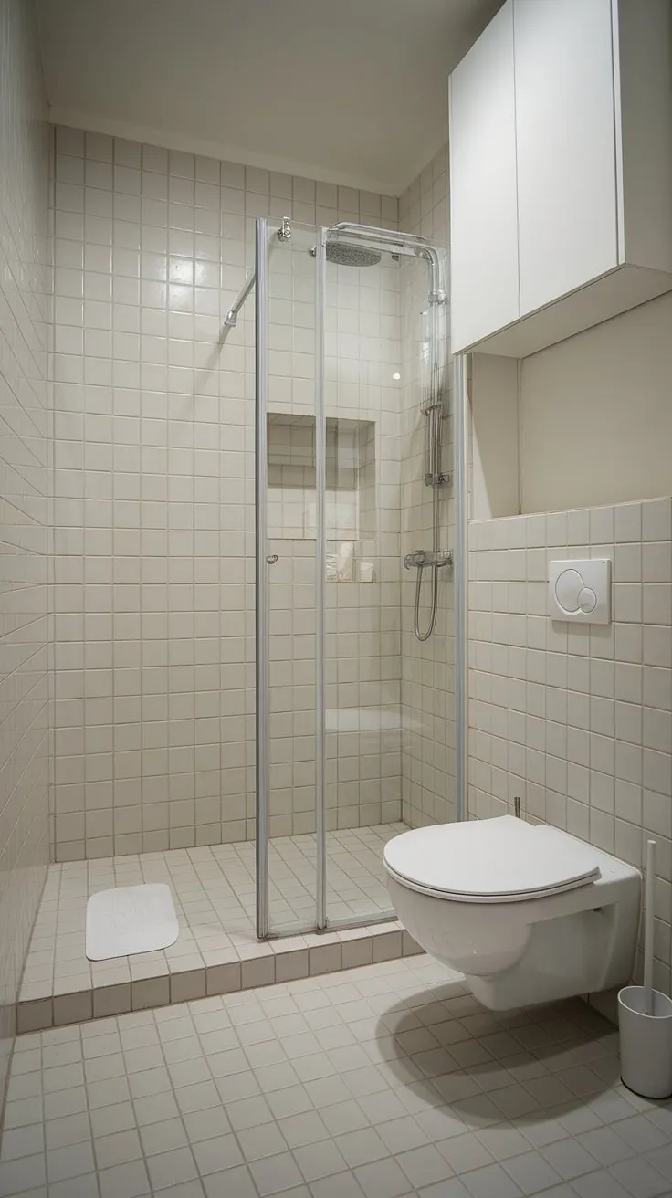This modern bathroom's light grey tiles and minimalist design exude tranquility. The seamless integration of storage and the bright lighting amplify the sense of spaciousness, making it a relaxing retreat. A testament to the power of simple elegance.