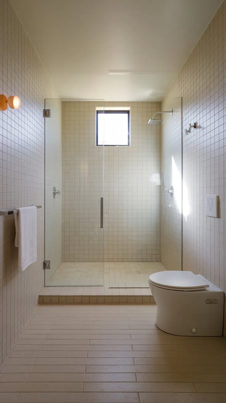 Serene simplicity defines this minimalist bathroom. The light beige tiles and frameless glass shower create a spa-like atmosphere, enhanced by the natural light filtering through the high window. A perfect example of understated elegance.