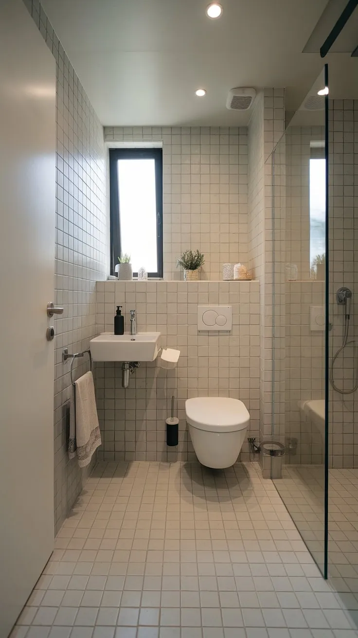 Clean lines and calming tones define this minimalist bathroom oasis. The subtle grey tiles and bright natural light create a serene space perfect for unwinding after a long day. A touch of greenery adds a personal touch to this perfectly functional a sanctuary.
