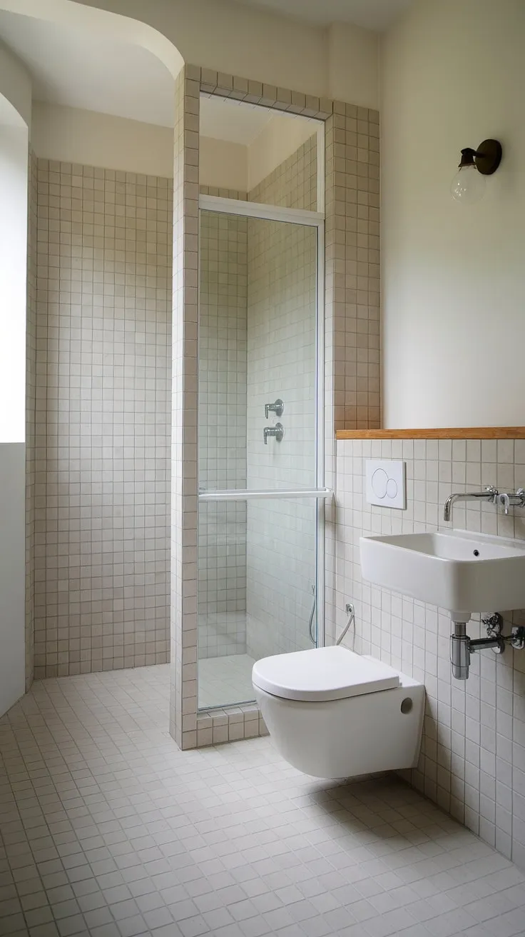 Serene simplicity defines this minimalist bathroom. The neutral color palette, clean lines, and thoughtful details create a spa-like atmosphere, perfect for unwinding after a long day. A sense of calm permeates the space, enhanced by the natural light streaming through the window.