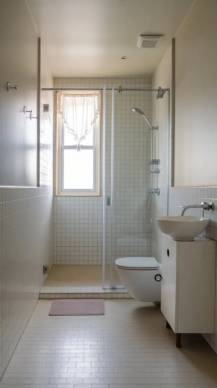 This modern bathroom showcases the beauty of simplicity. A carefully curated selection of fixtures and finishes results in a space that is both functional and aesthetically pleasing. The glass shower enclosure allows light to flow freely, maximizing the feeling of openness. A haven of calm awaits.