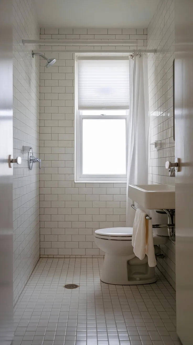 Clean lines and calming serenity define this minimalist bathroom. The bright white tiles and simple fixtures create a spa-like atmosphere, perfect for a peaceful start or end to the day. A haven of tranquility, this small space proves that less is truly more.