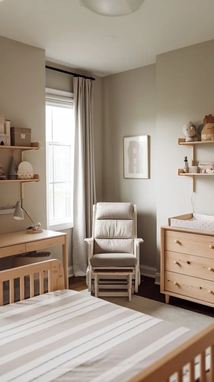 A haven of calm and natural light, this gender-neutral nursery is designed for both comfort and practicality. The warm wood tones and soft gray walls create a serene space where precious moments will unfold, fostering a sense of peace and tranquility for parent and child alike. A perfect blend of style and functionality, this room is ready to welcome a new arrival.
