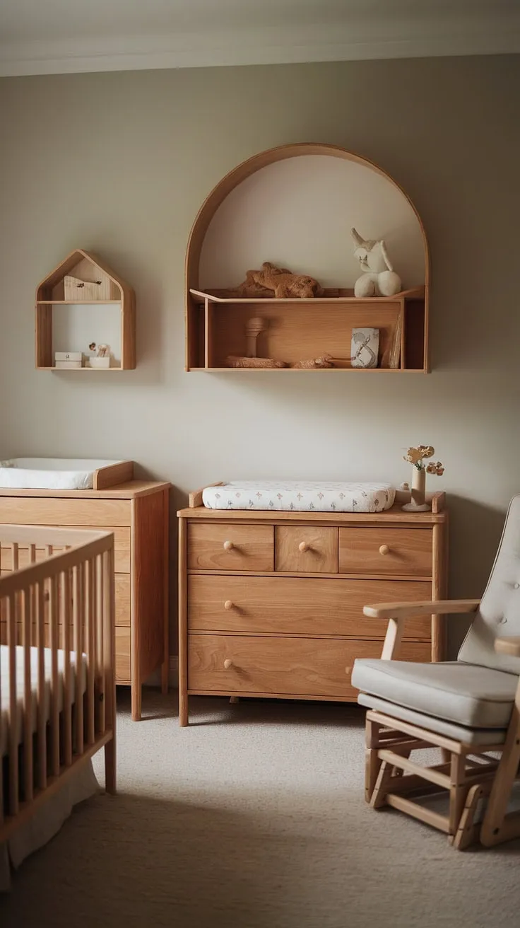 A haven of calm and natural beauty, this nursery is designed for peaceful slumber and joyful moments. The warm wood tones and soft gray walls create a serene space where precious memories will be made. A perfect blend of style and functionality, it's a sanctuary for both parent and child.