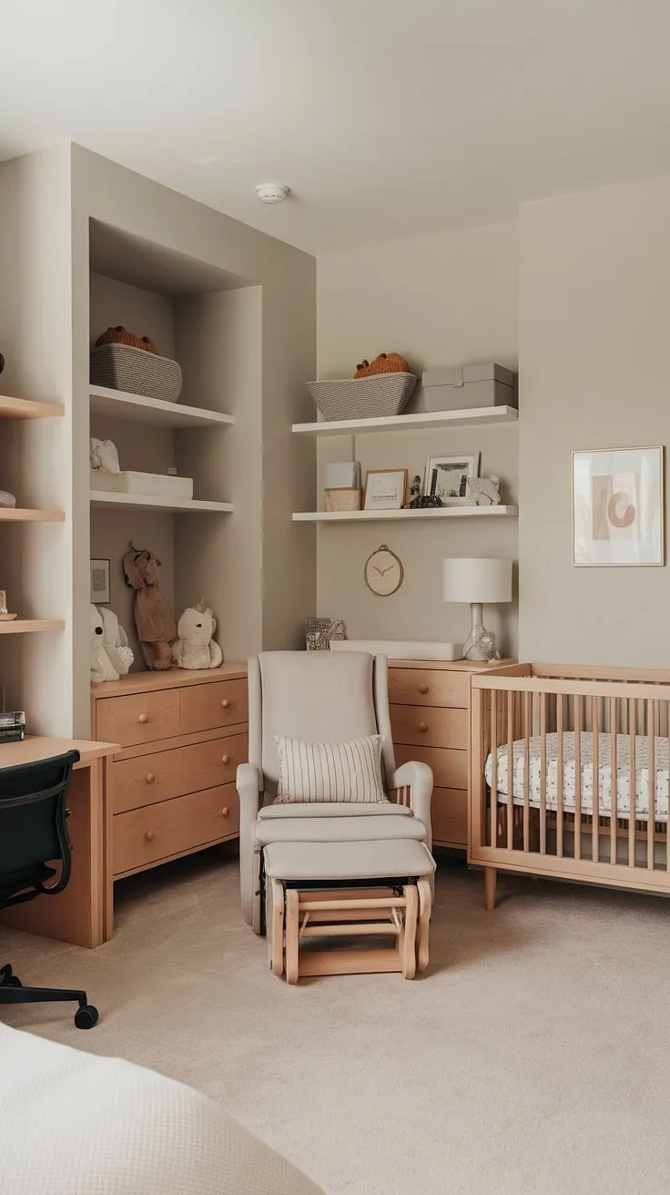 This multi-functional space effortlessly blends the needs of a home office and a cozy nursery. The soft gray walls and natural wood accents create a serene environment, while the thoughtful layout maximizes space and functionality, proving that a stylish and practical design can coexist beautifully.