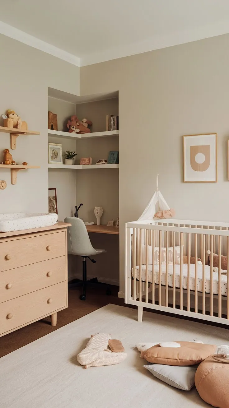 A calming sanctuary where parenthood meets productivity. Natural wood furniture and soft grey walls create a serene space for both baby and parent, complete with a dedicated workspace for those moments when multitasking is key.