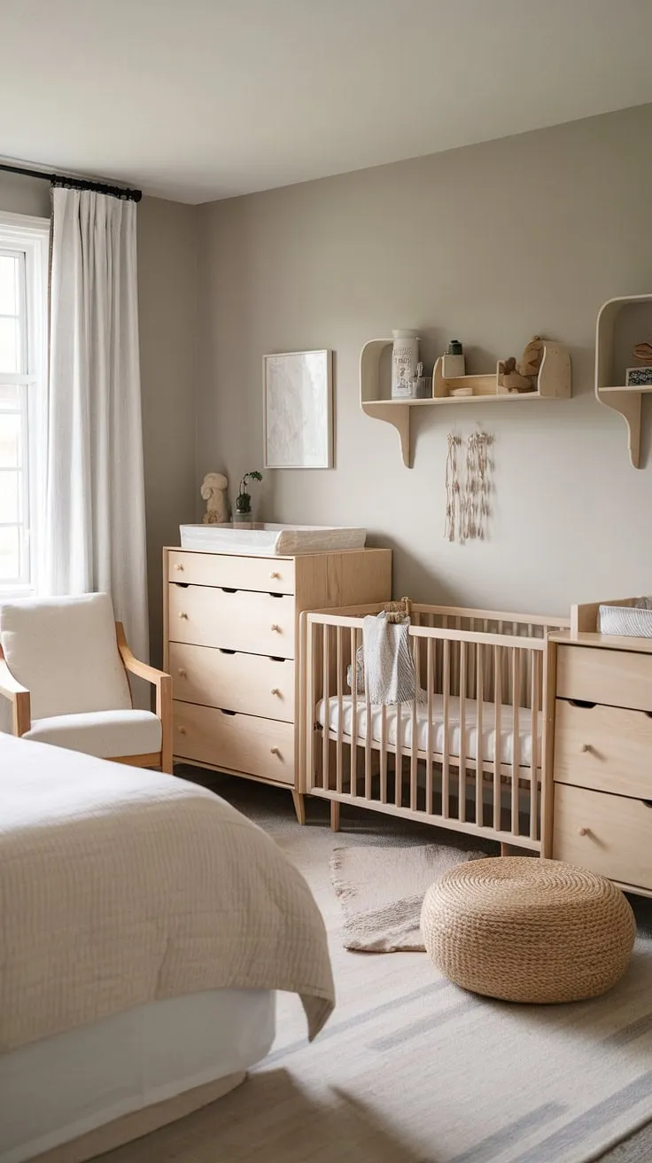 This neutral nursery is a dream come true: a calming space for baby, complete with a practical workspace for parents. The combination of a crib, changing table, and dedicated office area makes this room both beautiful and incredibly functional, proving that style and practicality can coexist beautifully.