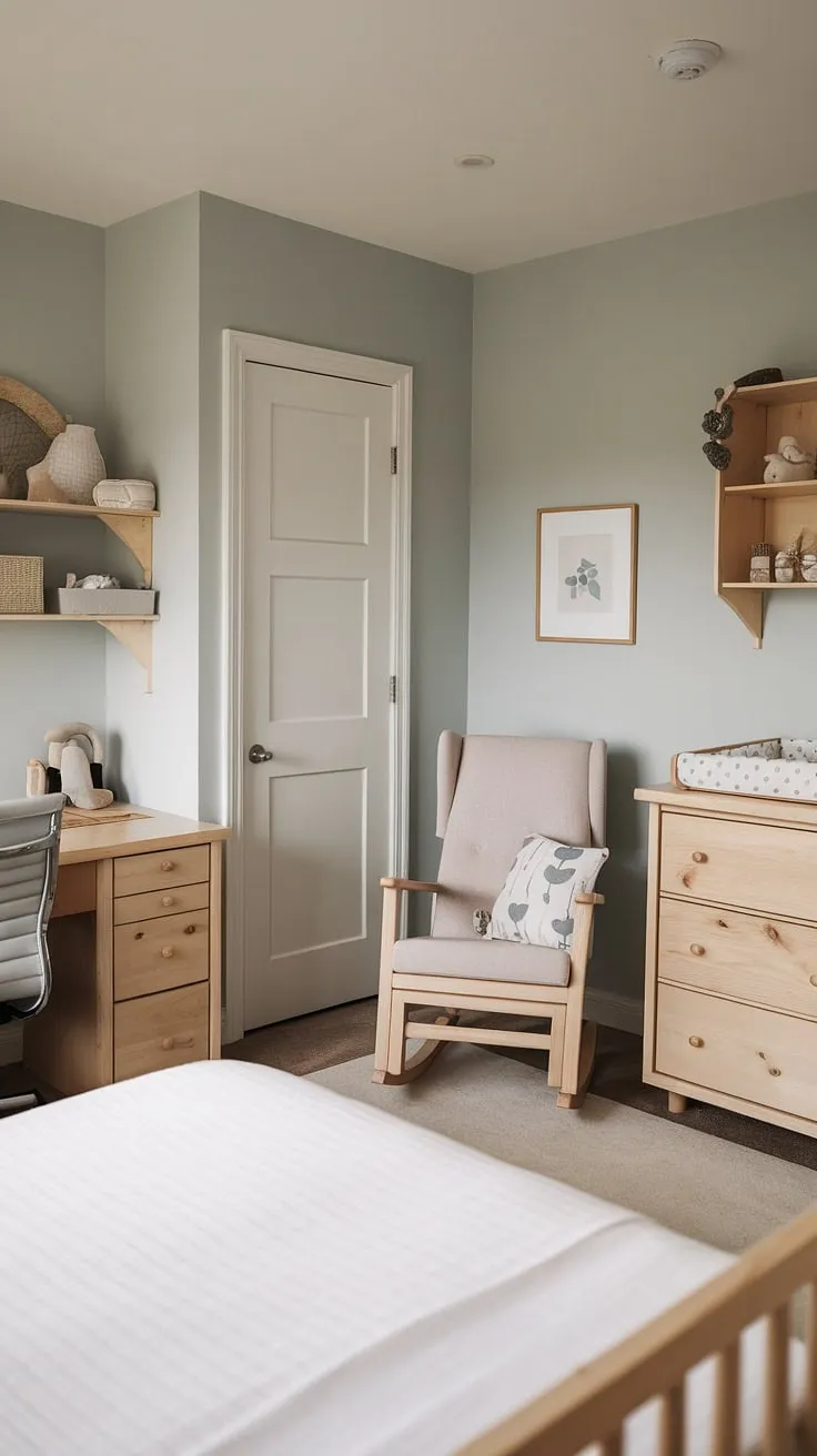 A calming oasis for both parent and child. This thoughtfully designed nursery incorporates a practical workspace, seamlessly blending the demands of parenthood with the need for personal space. The soft blue hues, natural wood accents, and comfortable rocking chair create a soothing atmosphere. A perfect blend of functionality and tranquility, this room is a testament to the power of mindful design.
