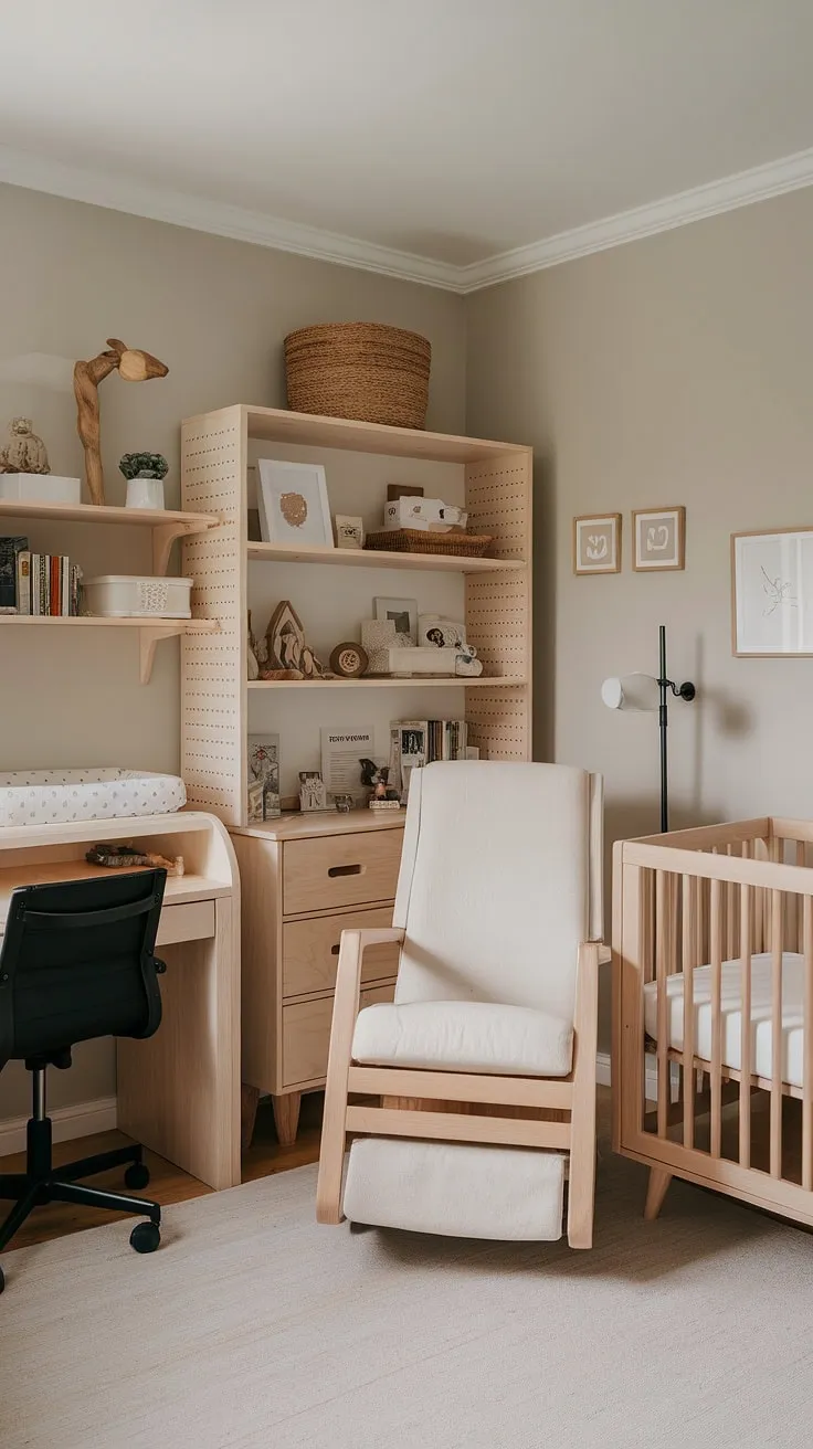 A calming sanctuary where the gentle rhythm of work and the sweet slumber of babyhood intertwine. Natural wood furniture and soft gray walls create a space of serene productivity and peaceful rest. A perfect blend of functionality and tranquility for both parent and child.