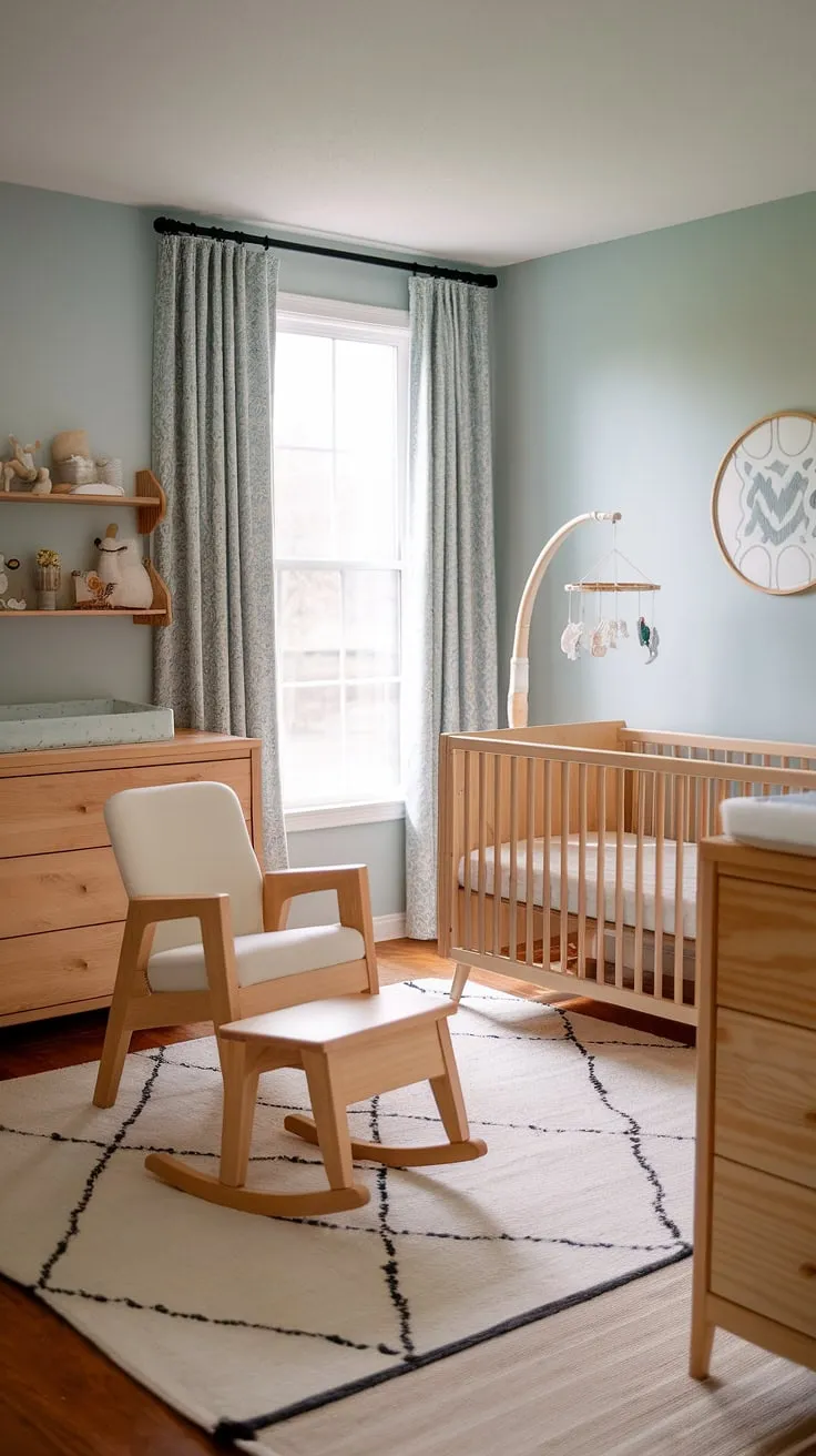 Soft light streams through the window, illuminating this serene nursery. The natural wood crib, dresser, and rocking chair offer a comforting presence, while the delicate mobile adds a touch of whimsy. A space designed for peaceful slumber and joyful moments.