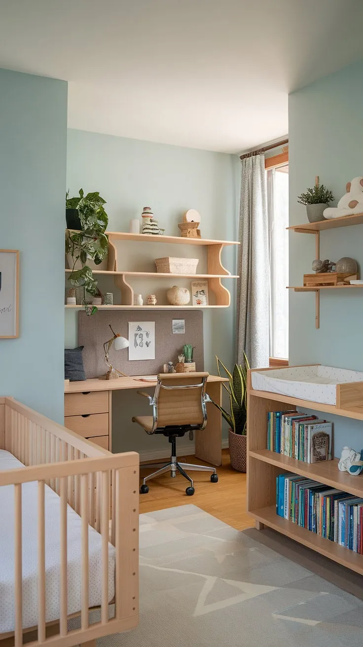 A calming sanctuary designed for growth, where natural wood furniture meets soft blue walls, creating a space that nurtures both play and quiet moments. The dedicated workspace offers a peaceful retreat for parents, seamlessly integrated into the nursery's tranquil atmosphere.