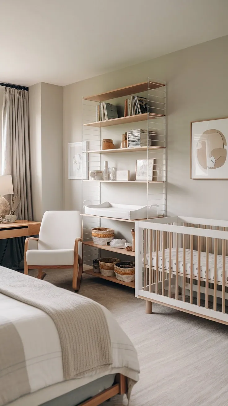 Serene and functional, this nursery-office combo seamlessly blends calm and productivity. The neutral palette, natural wood accents, and ample storage create a space that's both soothing for baby and inspiring for work. A perfect haven for parents who need a little bit of everything.