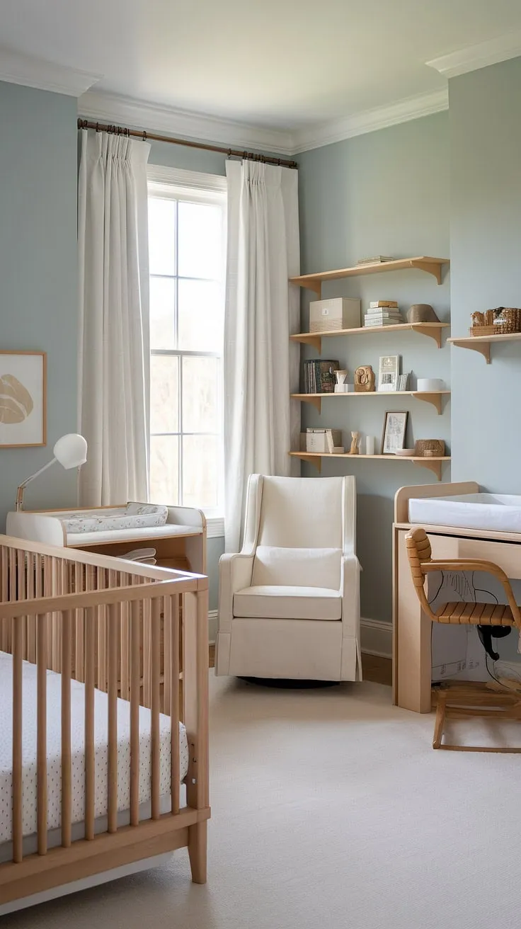 A calming sanctuary for baby and a productive space for parents. This thoughtfully designed nursery combines a cozy sleeping area with a practical workspace, all within a beautifully neutral palette. The natural light and airy feel create a space that's both inviting and inspiring.
