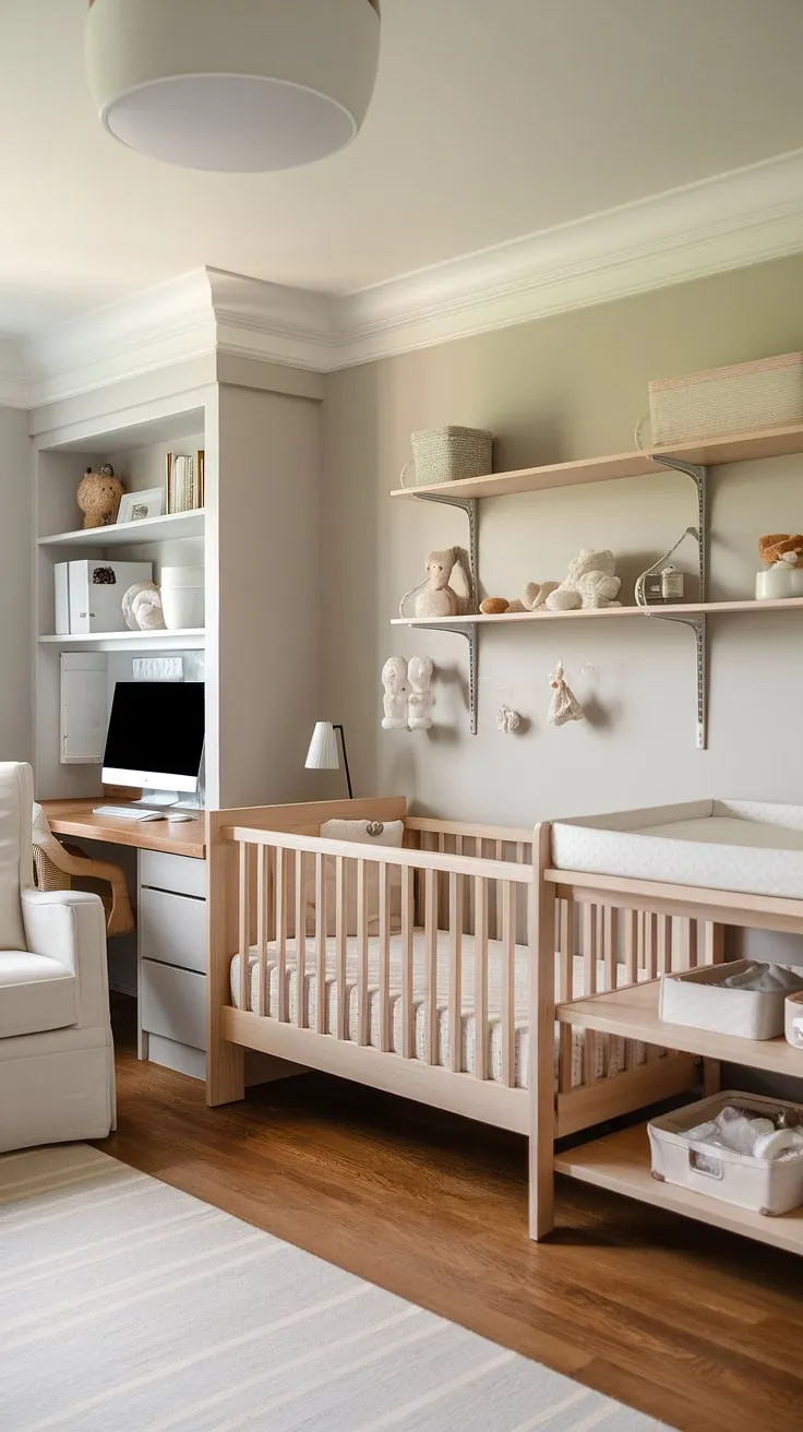 This neutral nursery is the perfect blend of style and practicality. The natural wood furniture creates a warm and inviting atmosphere, while the integrated desk and ample storage offer a functional space for parents. The soft grey walls and hardwood floors complete the serene and calming environment, creating a haven for both baby and parents.