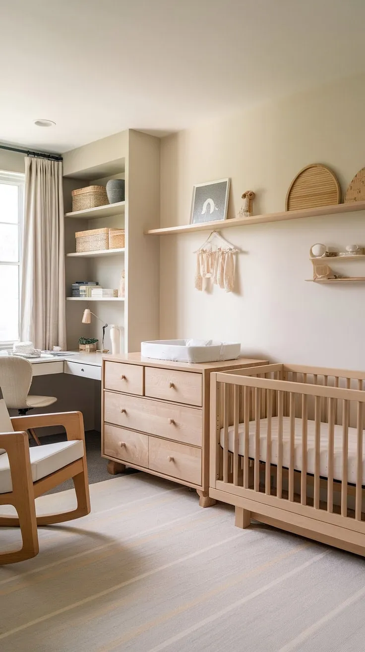 This neutral nursery is the perfect blend of style and practicality. A calming space for baby's rest, complemented by a cleverly integrated office area, allows parents to work from home without sacrificing precious family time. The natural wood elements add warmth and sophistication.