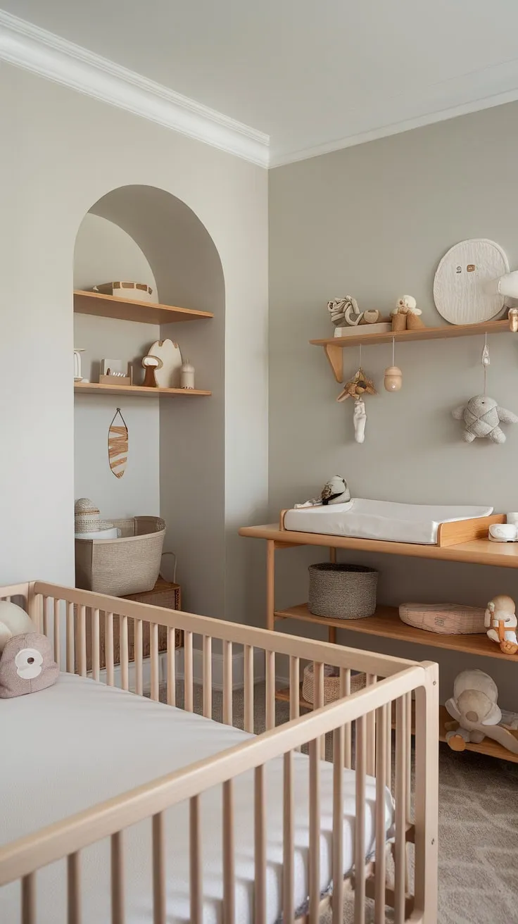 A haven of calm, this neutral nursery, tucked away in a quiet corner, promises sweet dreams and gentle awakenings. The natural wood furniture and soft toys create a space of understated elegance, perfect for a little one's peaceful slumber. A sanctuary of serenity, designed for both parent and child.