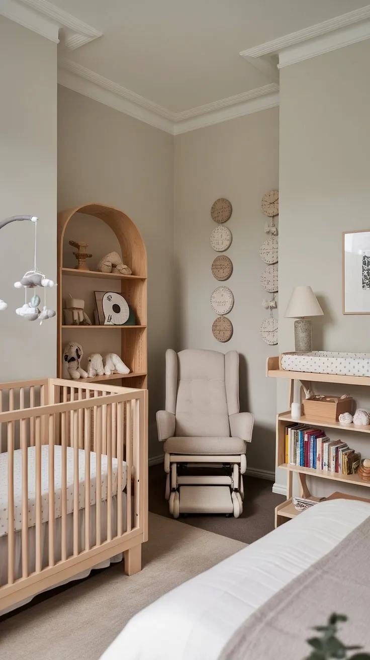 Neutral tones and calming textures define this nursery, a haven of tranquility designed for restful nights and happy days. The gentle light filtering through the room enhances the sense of calm, creating a space where precious memories will be made. A perfect blend of functionality and style.