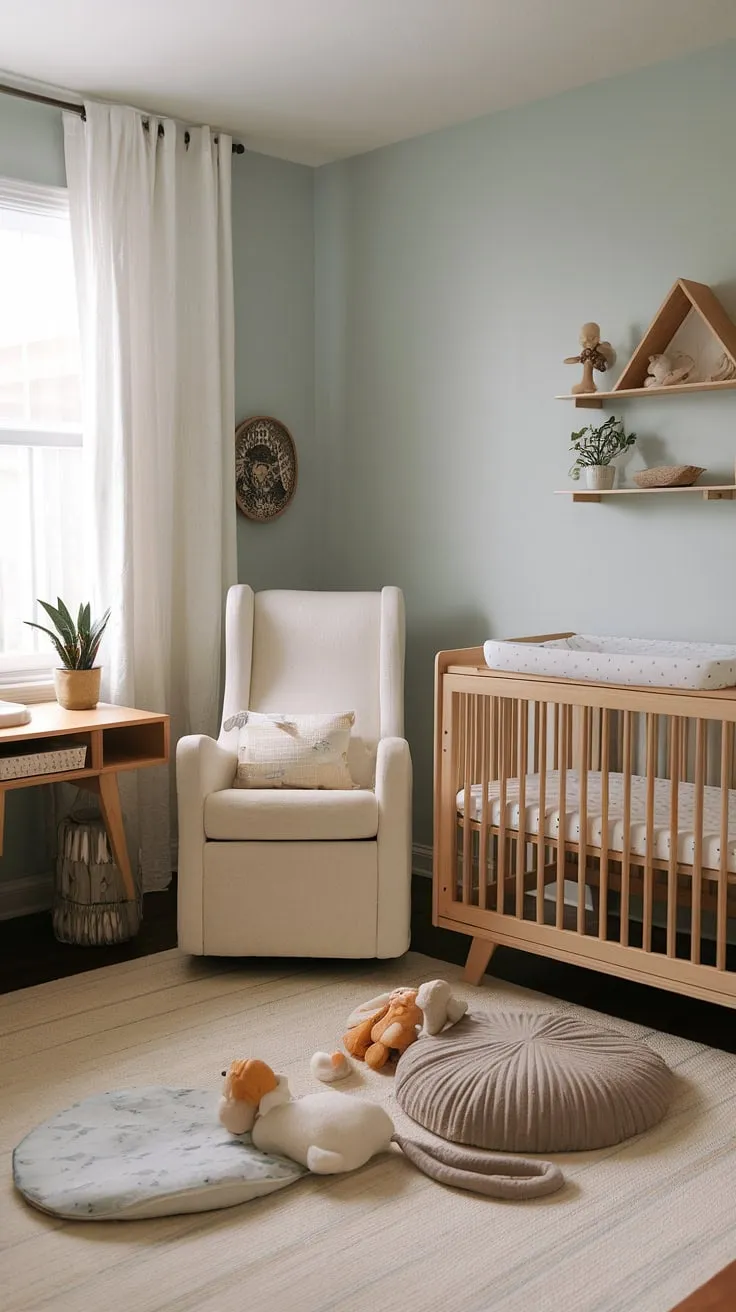 A haven of calm and natural beauty, this nursery is designed to nurture sweet dreams. The soft blue walls, wooden crib, and cozy rocking chair create a tranquil space for both parent and child. A small desk provides a quiet area for journaling or simply enjoying a moment of peace.