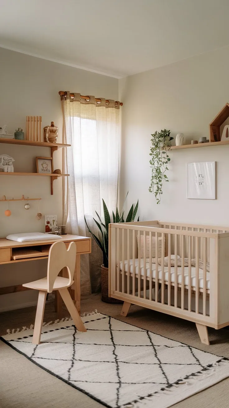 This thoughtfully curated nursery offers a tranquil space for growth and learning. The neutral palette and natural materials promote a sense of calm, while the inclusion of a small desk encourages early engagement and creativity. A perfect blend of comfort and inspiration for the little one.
