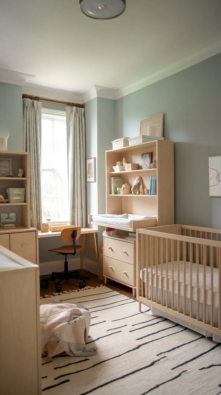 A calming sanctuary for baby and parent alike. This thoughtfully designed nursery boasts a neutral palette, natural wood accents, and a cleverly integrated workspace, proving that functionality and beauty can coexist beautifully. A space designed for growth and connection.