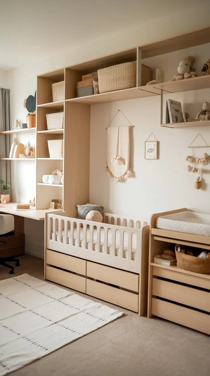 This serene nursery seamlessly blends functionality and style. The natural wood furniture creates a calming atmosphere, while the integrated desk area provides a dedicated workspace for parents, offering a practical and aesthetically pleasing baby room office combo. A perfect haven for both baby and caregiver.