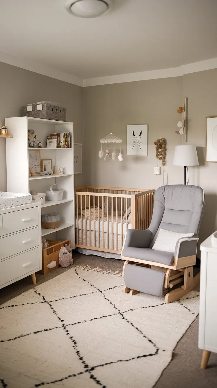 This neutral nursery, with its calming gray tones and thoughtfully chosen pieces, is a testament to understated elegance. Every detail, from the mobile above the crib to the practical toy box, contributes to a space that's both beautiful and functional. A perfect blend of style and practicality for the newest member of the family.
