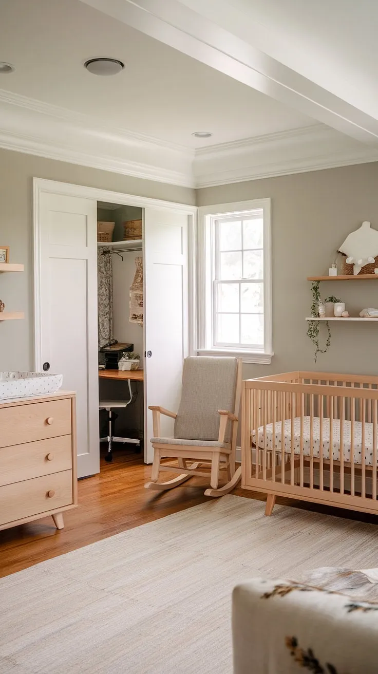 This thoughtfully designed room seamlessly blends the tranquility of a nursery with the practicality of a home office. The natural wood crib and rocking chair offer a peaceful haven, while the desk provides a dedicated workspace, creating a harmonious environment for both parent and child.