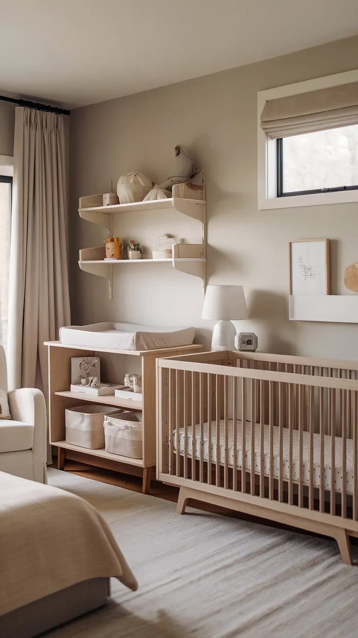 A haven of calm awaits. Natural wood furniture and soft grey walls create a serene nursery, perfect for peaceful nights and happy days. The gentle glow of the lamp and the comfortable glider chair promise countless moments of bonding. A space designed for comfort and tranquility, ready to welcome a new arrival.