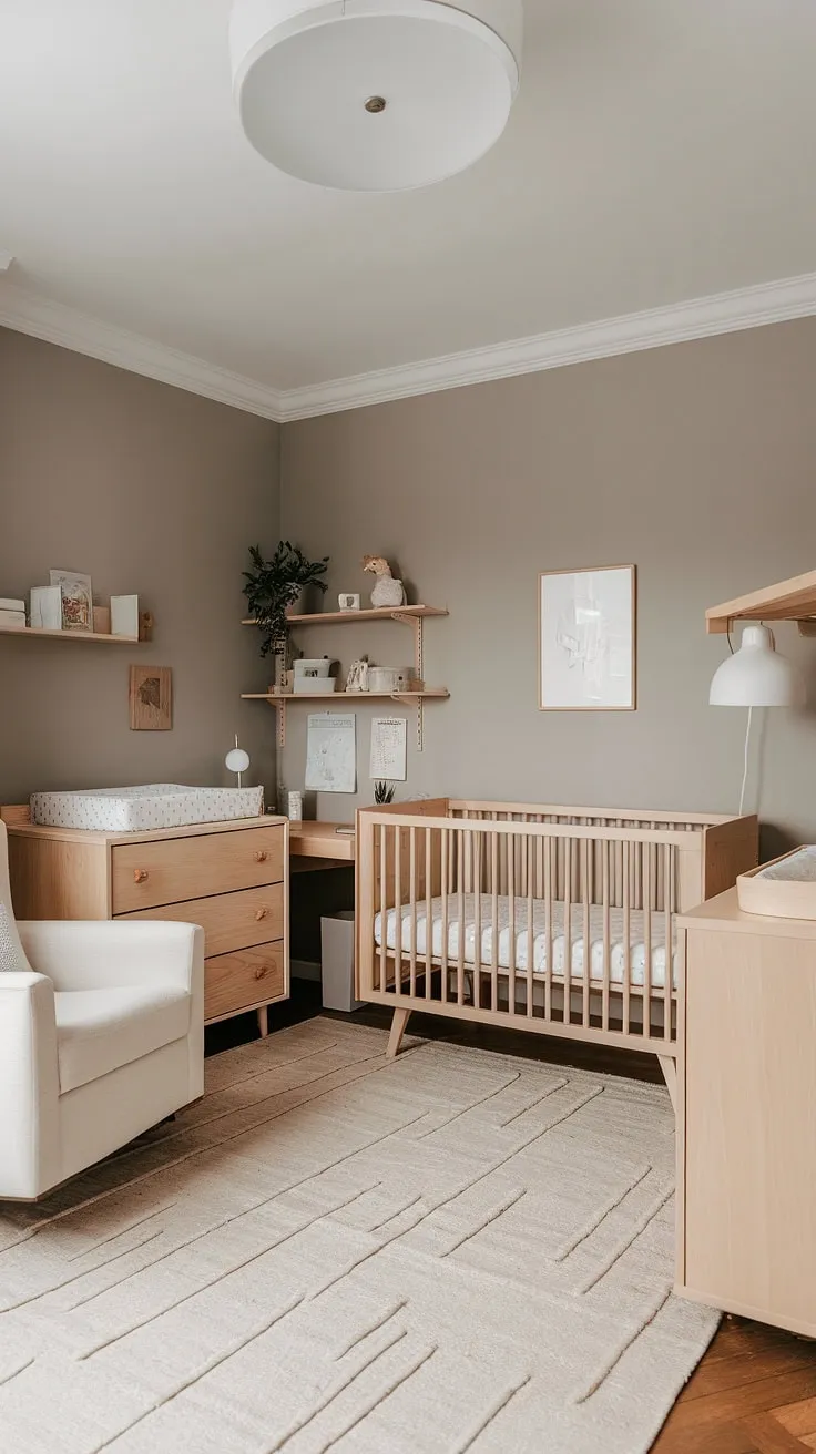 A calming sanctuary designed for both baby and parent, this nursery seamlessly blends functionality and style. The neutral palette, natural wood furniture, and dedicated workspace create a haven of peace and productivity. A perfect blend of comfort and practicality for those precious first moments.