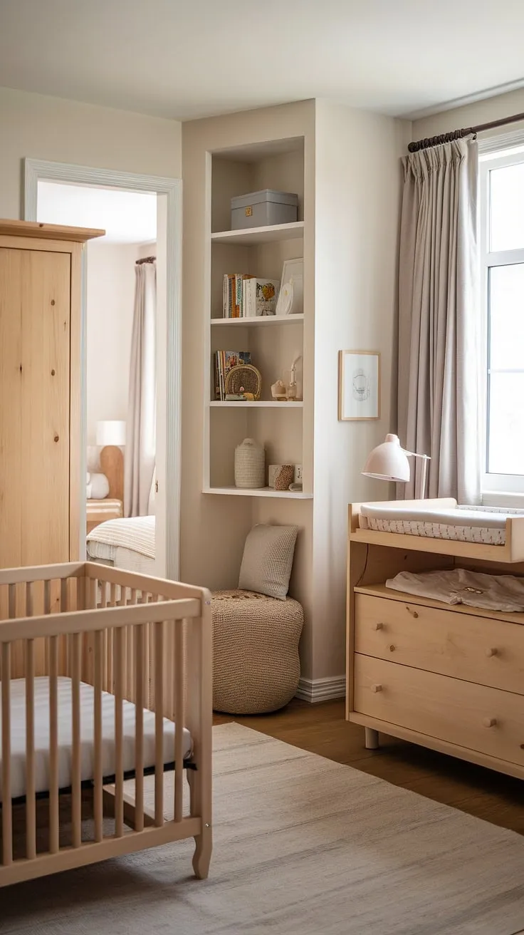 This thoughtfully designed nursery, with its calming neutral palette and natural wood furniture, offers a serene space for both baby and parent. A dedicated reading nook adds a touch of magic, creating a special place for quiet moments and bedtime stories. A truly enchanting room.