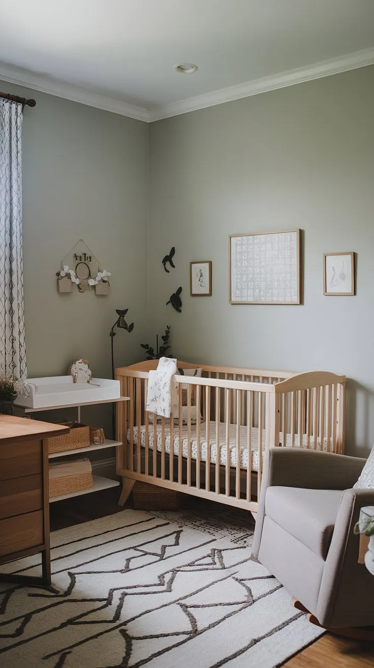 This thoughtfully designed space proves that work-life balance is possible. A dedicated workspace flows effortlessly into a cozy nursery, complete with a natural wood crib and changing table, creating a harmonious environment for both career and family. The soft gray palette and calming decor foster a sense of peace and tranquility.