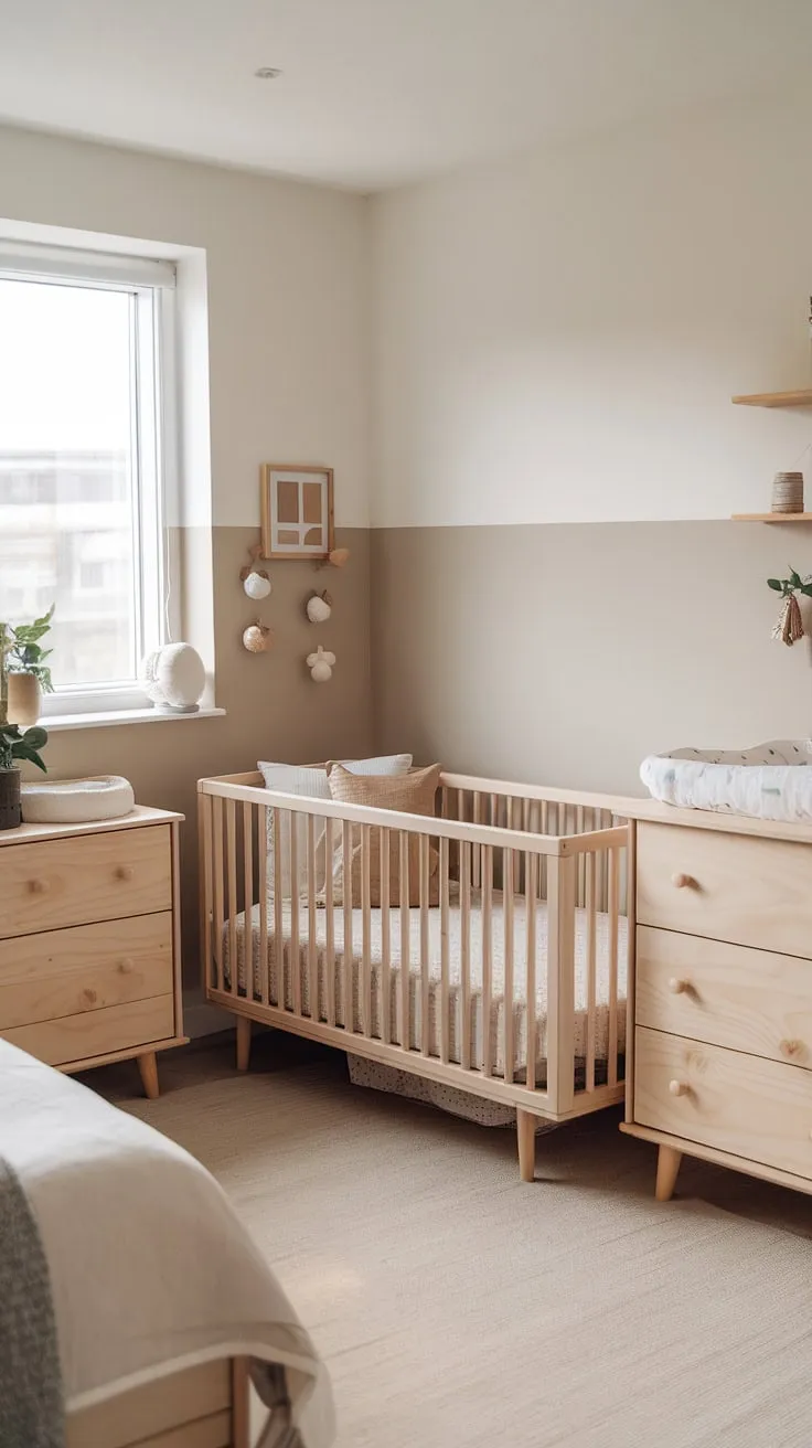 Subtle elegance meets practical functionality in this thoughtfully designed nursery. The calming color palette and natural wood furniture create a space that is both stylish and soothing, fostering a sense of tranquility for both parent and child. A truly beautiful beginning.