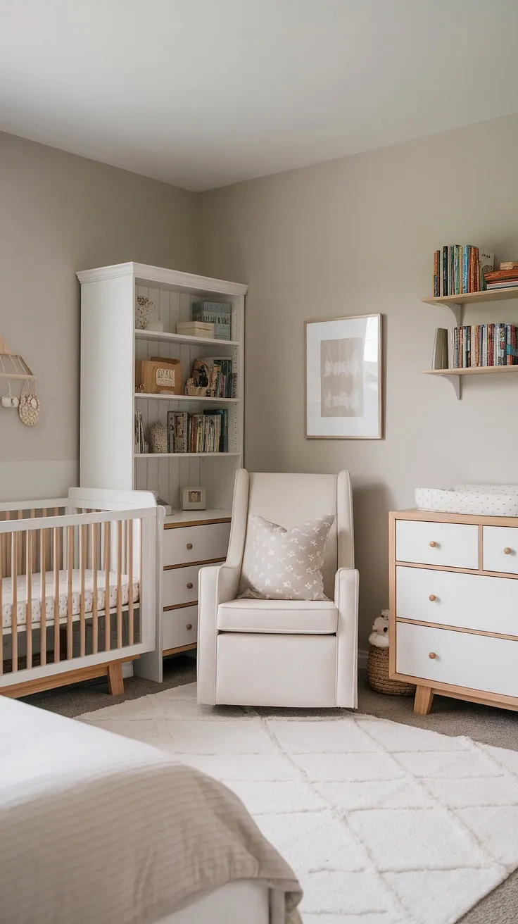 A minimalist nursery designed for both comfort and productivity. The clean lines and neutral palette offer a tranquil space for baby, while the integrated office area provides parents with a dedicated workspace, allowing them to effortlessly balance work and family life. A testament to stylish functionality.