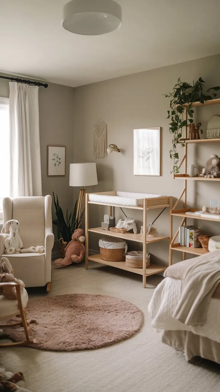 Serene and simple, this nursery is a haven of calm. The soft gray walls, natural wood accents, and plush rug create a space that's both stylish and comforting for baby's arrival. A perfect blend of functionality and understated elegance, it's ready for sweet dreams and countless cuddles. The rocking chair, conveniently placed near the crib, promises many peaceful nights.