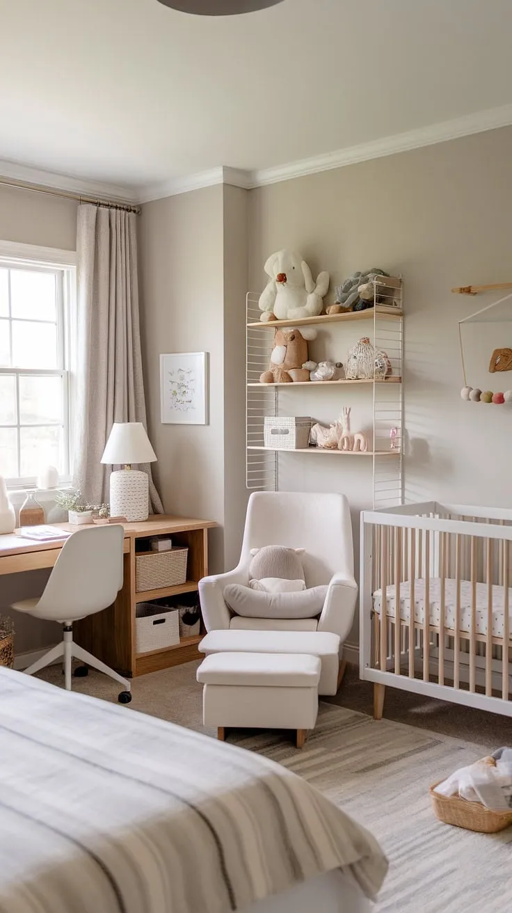 Serene and functional, this nursery seamlessly blends baby's haven with a dedicated workspace for parents. The soft grey walls, natural wood furniture, and thoughtfully organized storage create a calming atmosphere where both baby and parents can thrive. A perfect example of a harmonious home office and nursery combo.
