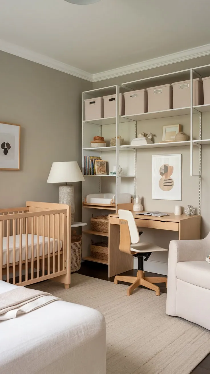 This thoughtfully designed nursery is a testament to the power of multi-functional spaces. The calming grey walls and natural wood accents create a peaceful atmosphere, while the integrated workspace allows parents to balance childcare with work or personal pursuits. A beautiful example of how to create a nurturing environment that supports both a and productivity.