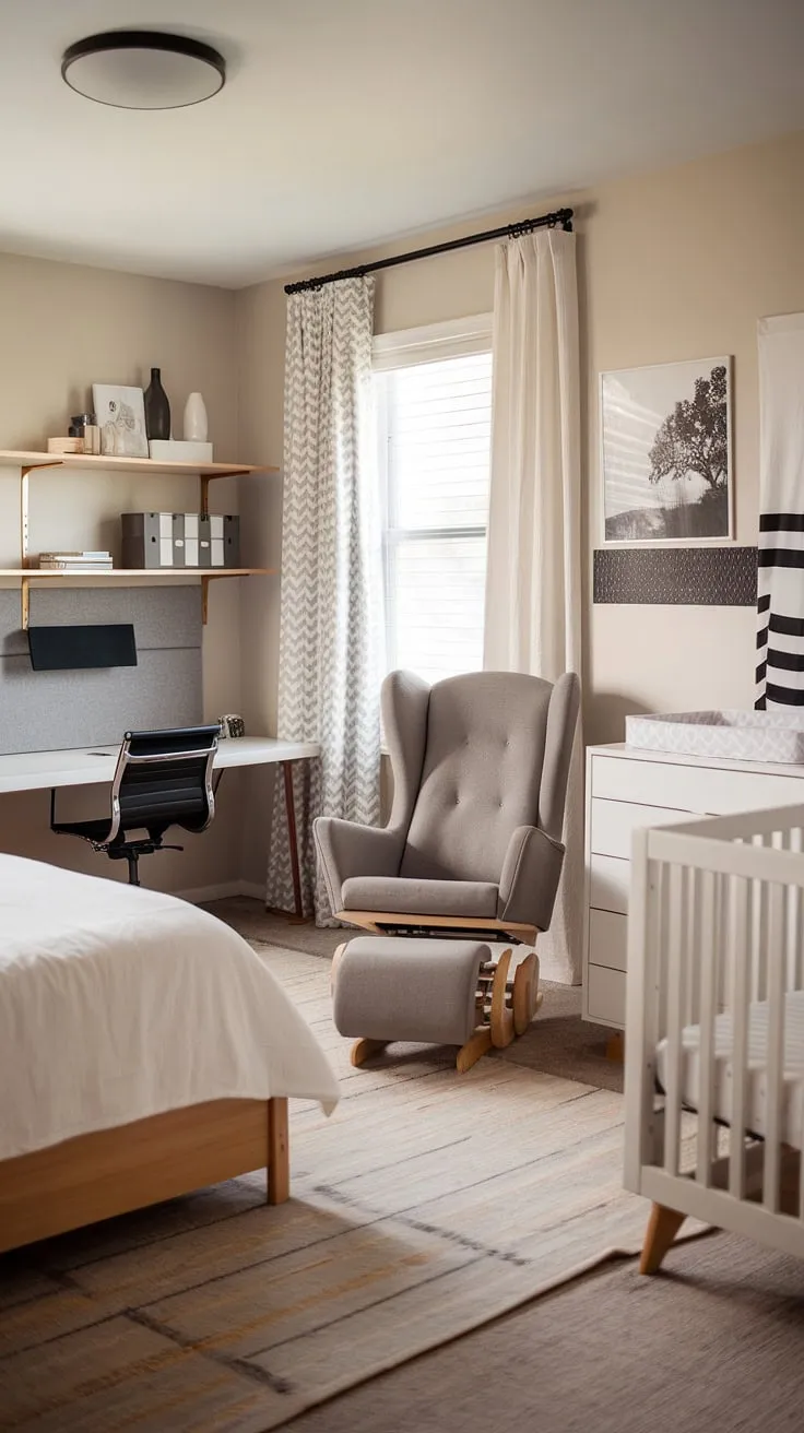 A haven of calm and functionality, this nursery seamlessly blends style and practicality. The neutral palette, natural wood accents, and dedicated workspace create a serene environment for both parent and child. A perfect blend of comfort and organization for those precious first years.