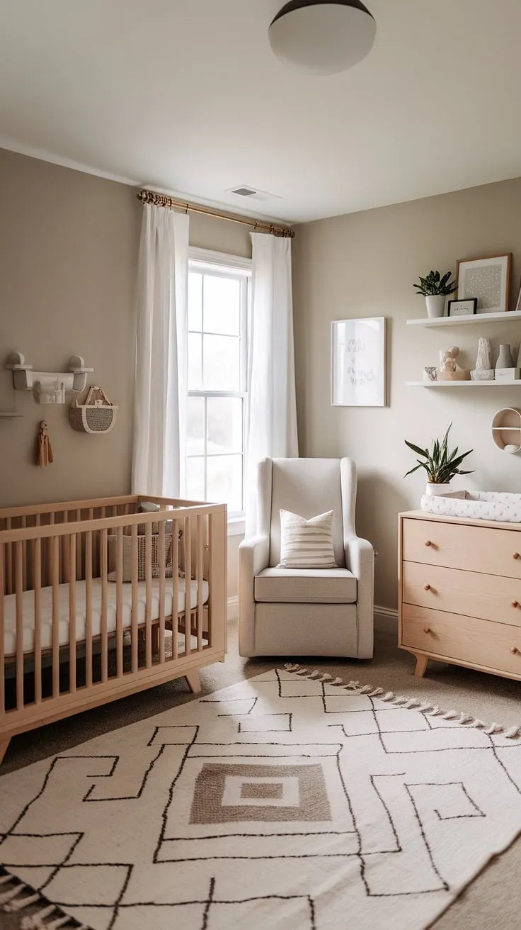 A minimalist nursery design that effortlessly transitions into a home office. A dedicated workspace nestled within the nursery's calming atmosphere ensures parents can stay connected while tending to their little one. The result? A space that's both beautiful and incredibly efficient.