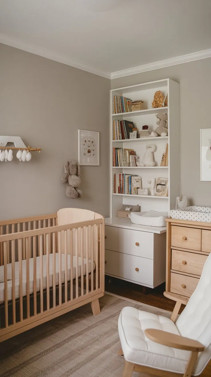 A calming sanctuary where dreams are nurtured and work finds its rhythm. The neutral palette and natural wood create a space that's both serene and functional, seamlessly blending nursery and home office. A perfect blend of practicality and peaceful parenting.
